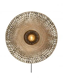 Gro&szlig;e Bambus-Wandleuchte Kalimantan mit Stecker in Braun-Schwarz, Ø 60 x T 15 cm