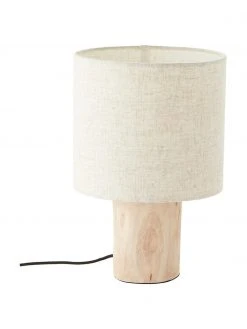 Kleine Skandi-Tischlampe Pia aus Holz und Leinen, Ø 20 x H 30 cm